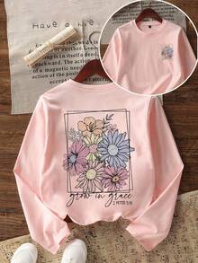 Tween Girl Casual Fun Print Round Neck Pullover Long Sleeve T-Shirt Autumn/Winter Top - Pink - View 2