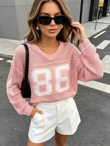 Women's Oversized Casual Knitted Pullover Sweater, Number Print Loose Airy Elegant Vibe, Suitable For Summer Couples Pink Spring - Pink - View 10