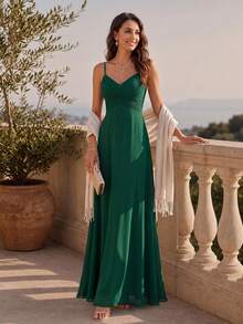 EVERPRETTY Elegant Chiffon Spaghetti Strap Backless Deep Green Bridesmaid Dress, Suitable For Weddings, Parties, Semi-Formal Occasions Spring Fall - Dark Green - View 8