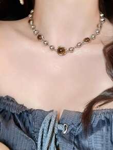 Vintage Elegant Maillard Tiger Eye Stone Beaded Layered Necklace For Women, Luxury High-End Long Sweater Chain Accessory - Multicolor - View 1
