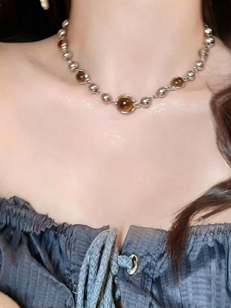 Vintage Elegant Maillard Tiger Eye Stone Beaded Layered Necklace For Women, Luxury High-End Long Sweater Chain Accessory - Multicolor - View 1