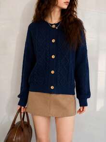 Women's Autumn/Winter Casual Vintage Cable Knit Contrast Color Button Round Neck Cardigan Sweater - Navy Blue - View 4