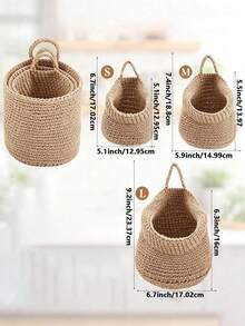 2pcs/Set Wall Hanging Baskets With Hooks, Woven Rope Storage Basket, Bohemian Style Wall Mounted Organizer, Suitable For Kitchen, Bedroom, Bathroom And Home Decor - Multicolor - View 6