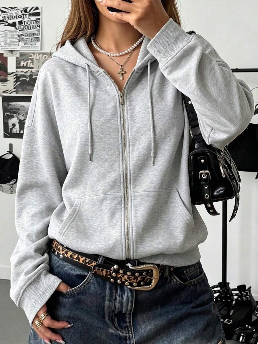 女款寬鬆全拉鍊針織連帽外套,附抽繩,保暖內裡長袖中長版街頭風夾克,適合冬季穿著 - 淺灰色 - 查看 1