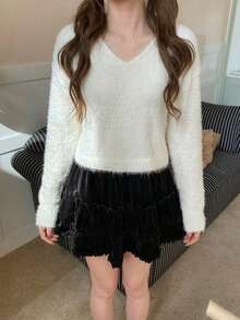 Korean Style V-Neck Plush Short Sweater Women Autumn/Winter Soft Cozy Gentle Pullover Knit Top - White - View 4