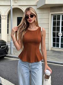 1pc Solid Color Knit Fabric Ruffle Trim Casual Top, Summer - Brown - View 2