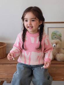 1pc Cute Casual Long Sleeve Color Block Pattern Pullover Sweater For Baby Girls, Spring/Autumn - Pink - View 6