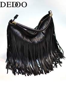 Dedoo Solid Color Textured PU Tassel Underarm Bohemian Bag, Large Capacity Long Tassel Metal Rotating Buckle, Bohemian Vintage Women's Underarm Bag, Suitable For Autumn/Winter Party & Daily Wear - Black - View 7