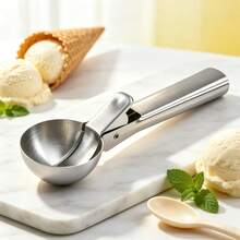 Stainless Steel Ice Cream Scoop With Trigger Release, 18/0 Non-Stick Round Cookie Scoop For Baking, Ergonomic Non-Slip Long Handle Ice Cream Scoop, Spherical Melon Baller Kitchen Tool For Desserts - Silver - View 9