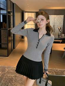 女款秋季韓系休閒甜美風拼色 Polo 領針織毛衣，修身顯瘦長袖上衣，溫柔優雅百搭內搭層 - 灰色 - 查看 3