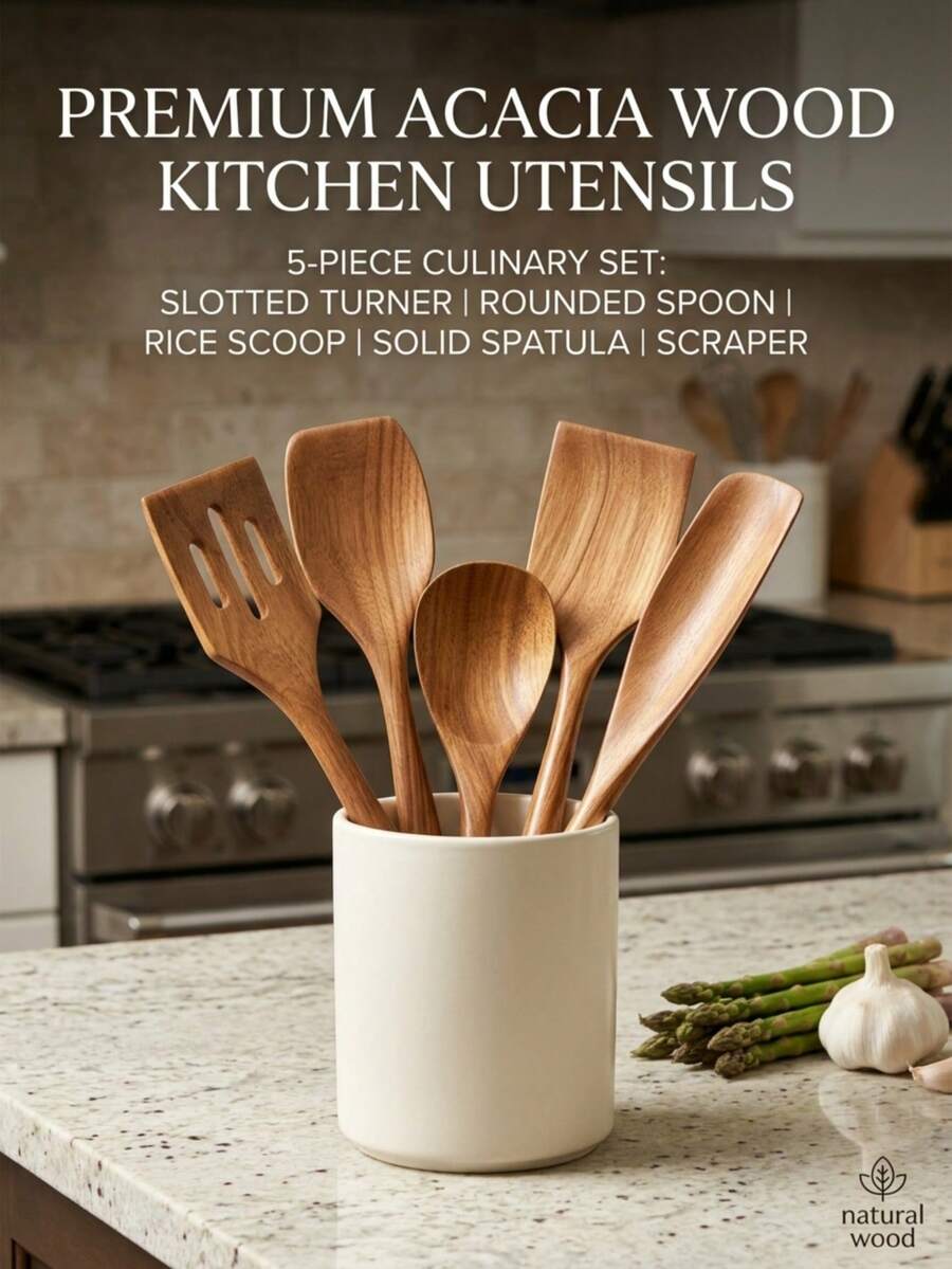 3/5‑Piece Natural Wooden Kitchen Utensils Set, Non‑Stick Cookware Spatula & Rice Spoon, Easy To Clean Cooking Tool For Kitchen, Housewarming Halloween Easter Christmas Gift - Rust Brown - View 1
