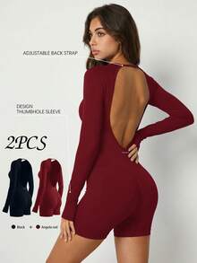 UONNOU 2 pcs Jumpsuit Fitness Lengan Panjang Punggung Terbuka, Jumpsuit Pendek dengan Tali yang Dapat Disesuaikan dan Lubang Jempol, 2 Warna - MultiWarna - View 3