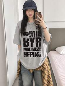 女款時尚夏季寬鬆圓領簡約百搭字母印花短袖T恤休閒風 - 淺花灰 - 查看 1
