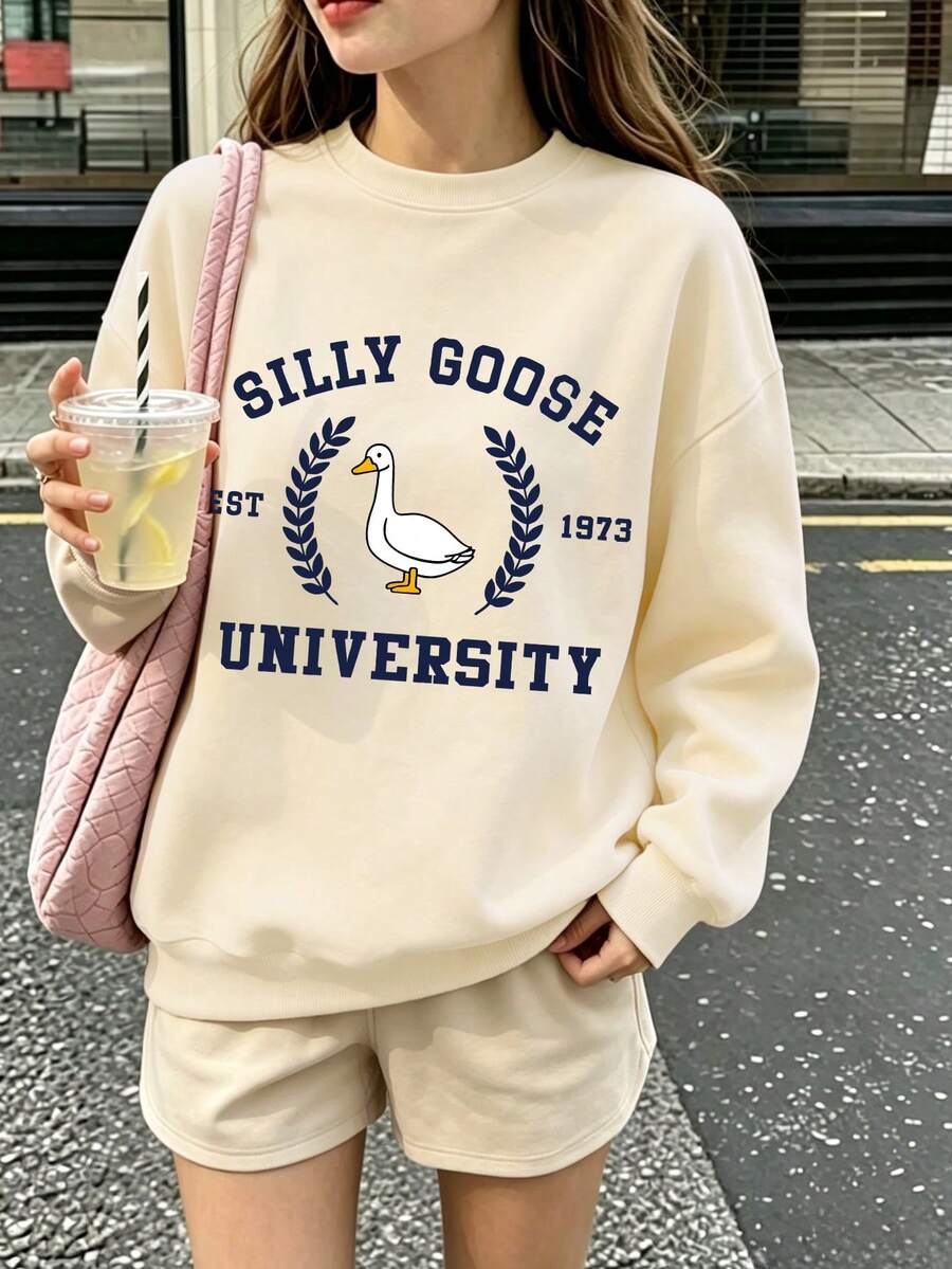 大女孩可愛鴨子俏皮圓領長袖套頭毛衣,秋冬風格,女孩冬季穿搭 - 杏色 - 查看 1
