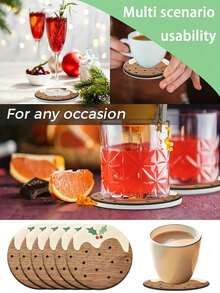 8pcs/4pcs Holiday Christmas Pudding Wooden Coasters - Featuring Custom Holiday Patterns With Meat Pies And Snowflakes,Perfect For Home,Office,Cafe Or Tea Room Decoration And Holiday Table Setting/Holiday Coasters/Wooden Coasters,Christmas Table Decor - View 8