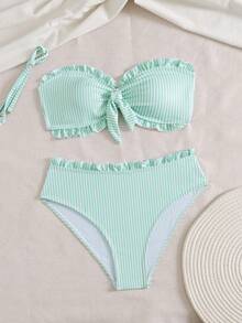Women's Striped Printed Strapless Lace High Waisted Swimwear Detachable Shoulder Strap Bikini 2 Pieces Set - Multicolor - View 4