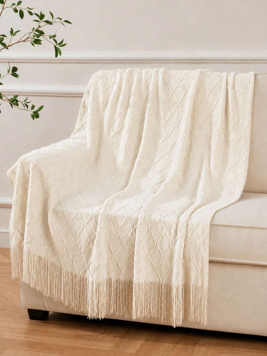 1pc Retro Diamond Grid Textured Knit Throw Blanket, Soft & Comfortable For All Seasons, Suitable For Sofa, Bed, Travel, Home Decor - Mixed Geometric Pattern, Acrylic Fabric - Multicolor - View 1