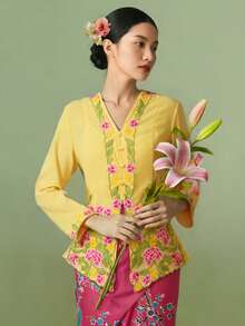 1pc Elegant Embroidered Long Sleeve Blouse For Women, Suitable For Holiday, Birthday, Party, Daily Wear - Yellow - View 1