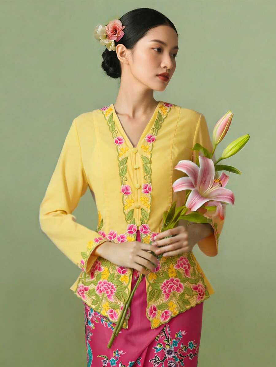 1pc Elegant Embroidered Long Sleeve Blouse For Women, Suitable For Holiday, Birthday, Party, Daily Wear - Yellow - View 1