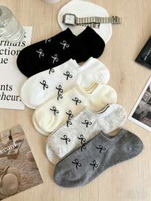 5/10 Pairs Women's Short Socks, Bow & Floral Pattern Mid-Calf Socks, Suitable For All Seasons, Random Colors, Women's Socks, Student Socks, Women's Boat Socks, Autumn Socks, Suitable For Home And Travel Use, Christmas Gift - Multicolor - View 5