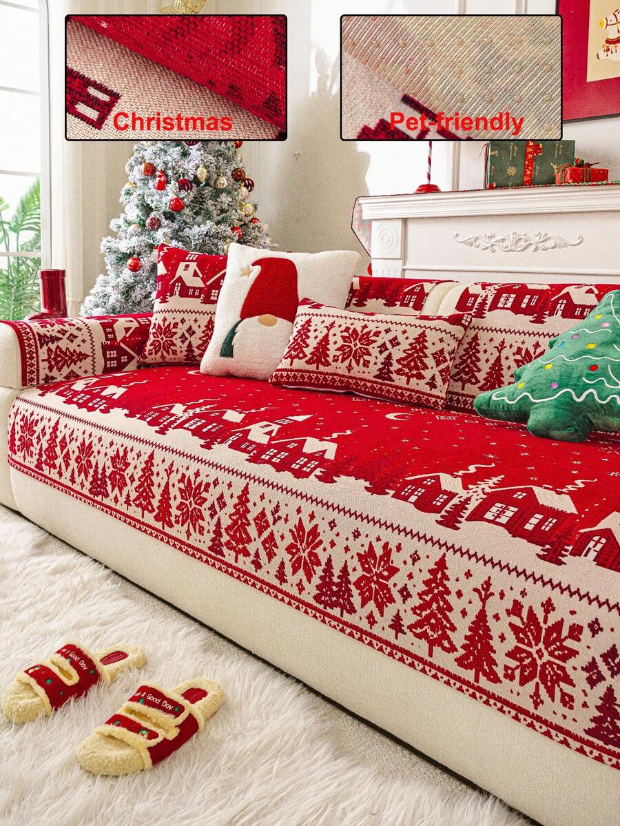 1 Stück rote verdickte Sofaabdeckung für Weihnachten und Neujahr, Jacquard-Sofapolster, warm und weich, haustierfreundlich, ganzjährig verwendbar, geeignet für Wohnzimmer, Schlafzimmer, Außenbereich, passend für 1/2/3/4-Sitzer Sofa - Rot - Übersicht 1