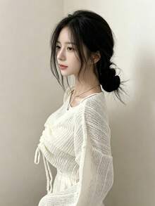 YCYC Women's Korean Style Soft Knit Top With Drawstring Design - White - View 3