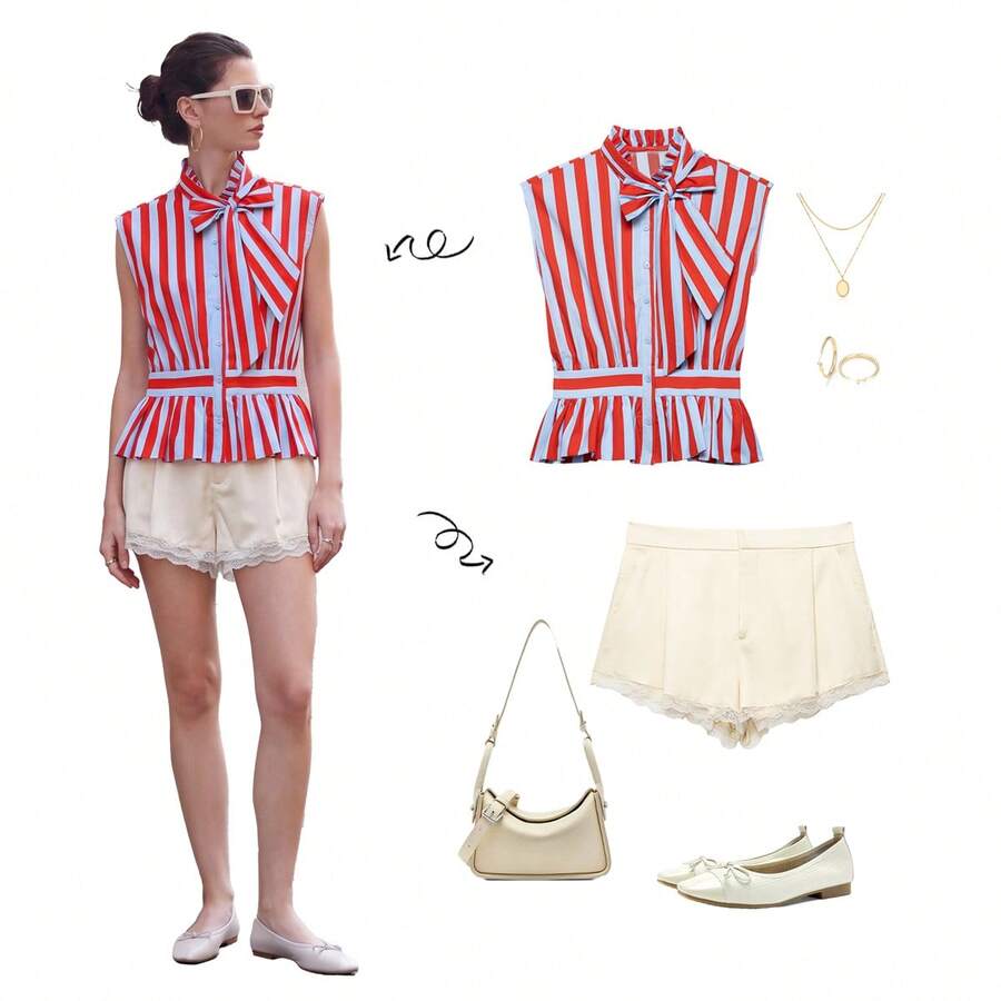 YROOE Women's Spring/Autumn Striped Bow Collar Ruffle Top, Sleeveless Front Button Casual Blouse, Summer Style - Multicolor - View 1
