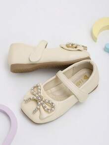 1 Pair Girls' Beige Pearl Rhinestone Bow Knot Hook And Loop Mary Jane Shoes, Suitable For Shopping, Outings And School Wear - Beige - View 3