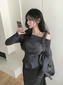 Women's Waist-Cinched Button-Up Long Sleeve T-Shirt, Open Shoulder Off-Shoulder Top, Autumn - Grey - View 6