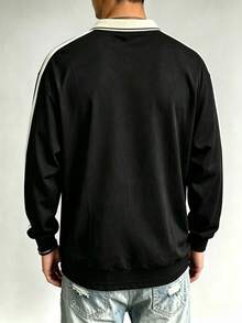 Men's Letter Print Contrast Color Polo Collar Sweatshirt, Casual Loose Fit Pullover Top - Black - View 3