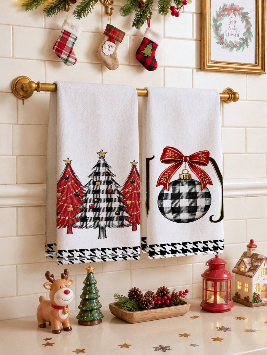 2pcs Christmas Black Plaid Christmas Tree & Christmas Ball Illustration Pattern Kitchen Towels, Soft Polyester Material Dish Cloths, Suitable For Kitchen Decor, Kitchen Cleaning, Holiday Party Decoration, Kitchen & Bathroom Supplies Home Essentials, Home Decor, Housewarming Gift - Multicolor - View 1