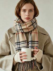 1pc Women's Warm Plaid Tassel Scarf, Soft Knitted Long Winter Shawl, Classic Autumn Fashion Neck Accessory, Suitable For Travel, Party And Gift - Multicolor - View 1