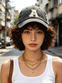 1pc Women Washed Vintage A-Z Letter Baseball Cap, Casual Distressed Dad Hat, Outdoor Sun Protection Hat - Black - View 3