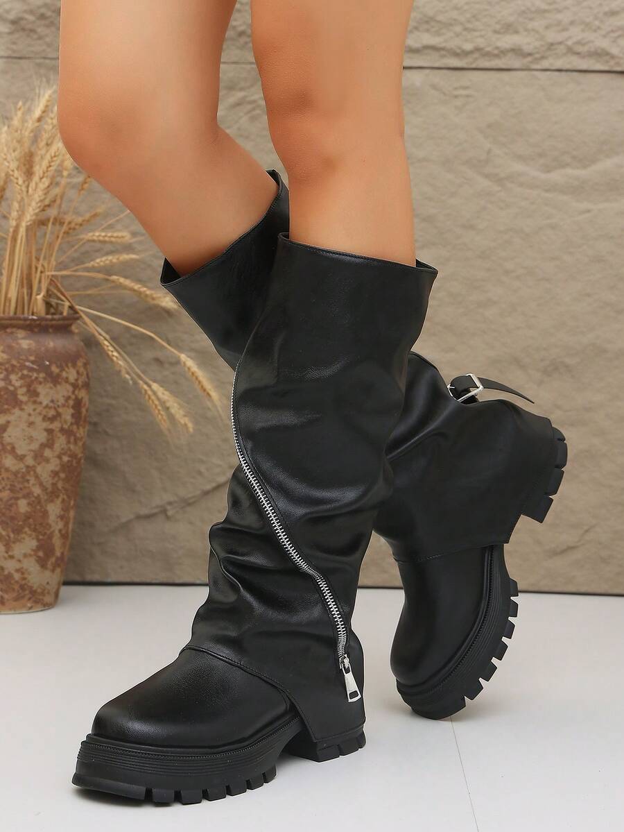 Women's Loose Fit Knee-High Thick Sole Boots With Zipper Detail - Black - View 1