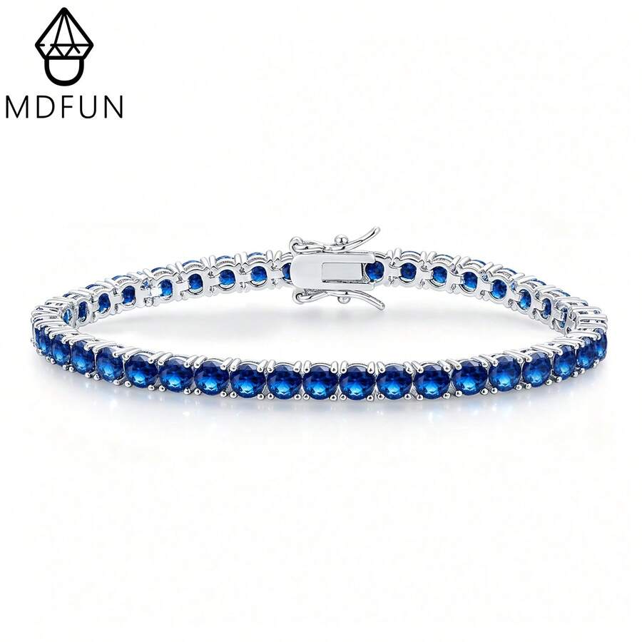 MDFUN 18K白金電鍍網球手鍊，3.0mm圓形藍色奈米寶石鏈條手鍊，優雅經典女士日常派對穿戴腕飾