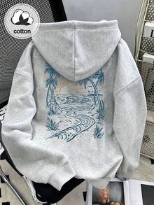 女款休閒街頭風寬鬆長袖熱帶棕櫚樹印花衛衣 - 淺灰色 - 查看 1