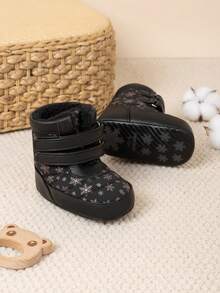 Fashionable Infant Fluffy Winter Snow Boots With Snowflake Pattern, Soft Sole, Thick Fleece Lining, Warm Ankle Boots - Black - View 6