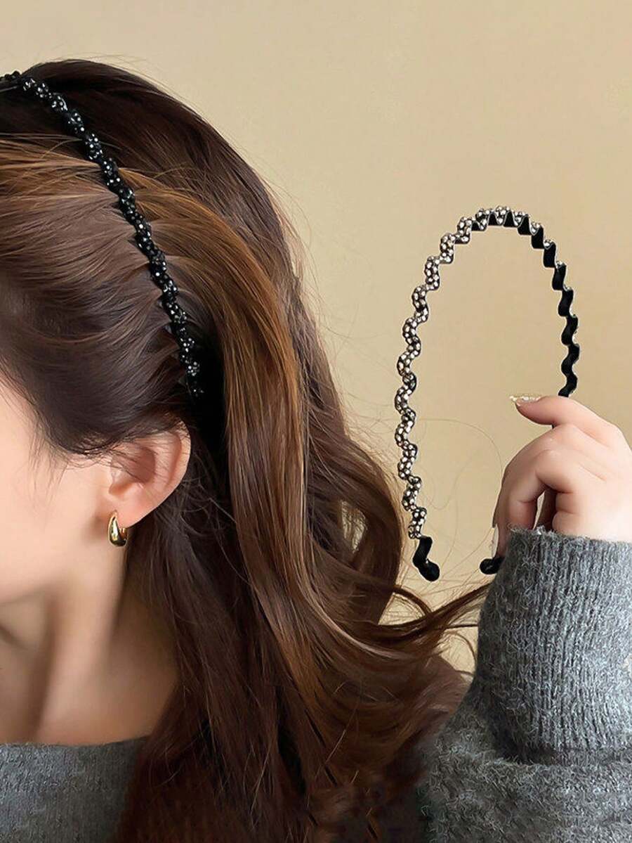 2pcs/1pc Rhinestone Wave Thin Headband Women's Simple Fashion Hair Accessory Daily/Outdoor Face Washing Headband - Multicolor - View 1