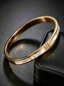 1pc Unisex Versatile Mother Of Pearl CZ Bangle, 18K Gold Plated Stainless Steel, Daily Wear Gift For Men & Women - Gold - View 1