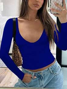 Fashionable Sexy V-Neck Tight Fit Long Sleeve Undershirt, Spring/Summer New Arrival - Dusty Blue - View 3