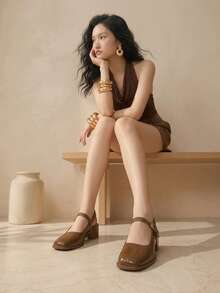 Sepatu Mary Jane Wanita ZPWZ Warna Emas Muda Berkilau dengan Hiasan Logam Cermin, Cocok untuk Perjalanan Musim Semi, Kencan, Pesta, Liburan, Sandal Datar Bertali Sederhana, Sandal Hak Tinggi Warna Solid Bergaya Mewah dengan Hiasan Kristal Terbaru untuk Kencan - Coklat - View 3