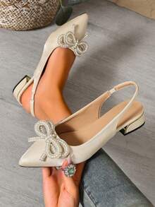 Spring/Summer New Elegant Beige Women's Slingback Pointed Toe Low Heel Pearl Rhinestone Bow Ballet Shoes, Versatile For Commute And Date - Beige - View 1