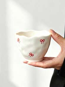 1/2pcs Red Bow Ceramic Tea Cups, Wavy Ruched Texture Coffee Mugs, Cute Girl Style Handheld Cups, Small Ceramic Tea Cups For Home, Gift For Friends - Multicolor - View 3