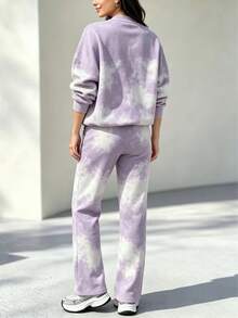 Casual Women's Fashion Commute Set, Comfortable Loose Fit Patchwork Contrast Color Long Sleeve Jacket Top + Straight Leg Pants 2 Pieces Set, Autumn Sports Outfit - Light Purple - View 5