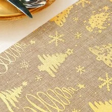 1PC Faux Linen Christmas Gold Foil Table Runner, Polyester Fabric, Christmas Table Decor, Winter New Year Scene Decoration Table Runner - Khaki - View 5
