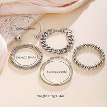 5pcs Vintage Punk Style Bracelets, Featuring Exaggerated Cuban Chain And Round Beads Open Cuff, Suitable For Daily Commute Wear - Antique Silver - View 5