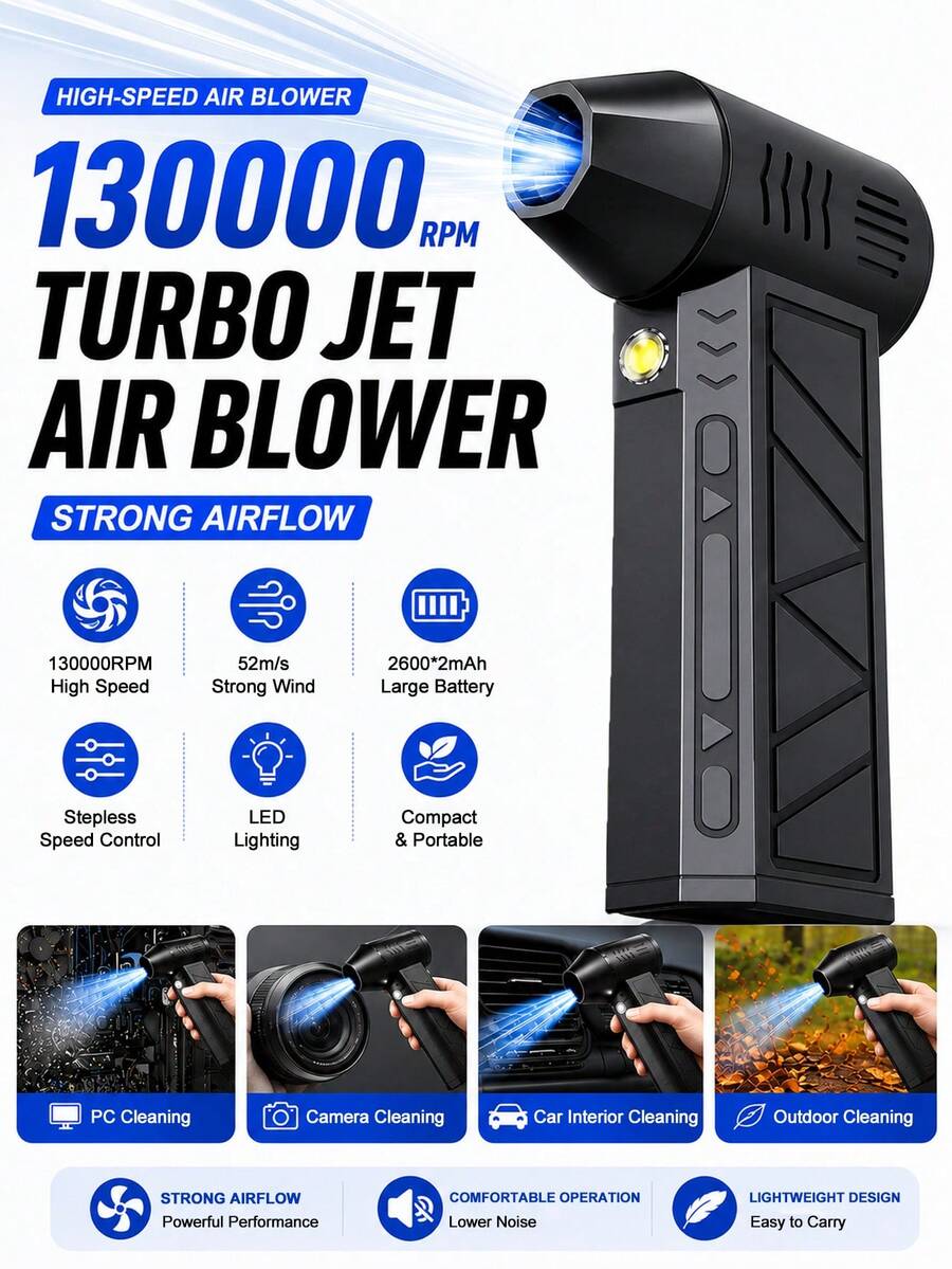 Portable Pet Grooming Air Blower For Dogs & Cats Handheld Cordless High-Speed Air Duster For Pet Fur Drying Hair Grooming & Cleaning Compact Lightweight Blower For Dog Bathing Cat Grooming Home Pet Hair Care Grooming Salon & Travel Use - Black - View 1