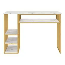 Bar Table With Storage, 140*40*105, High Table With Marble-Effect MDF Top, 3 Shelves And Black Metal Frame, Kitchen Counter For Kitchen, Dining Room And Breakfast Area. - White+Gold+MDF+Metal - View 5