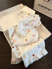 Random Cartoon Print Cute Style Cardigan Pajamas Women's New Ruffle Hem Comfortable Loungewear 2 Pieces Set - White - View 3