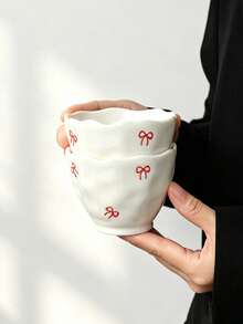 1/2pcs Red Bow Ceramic Tea Cups, Wavy Ruched Texture Coffee Mugs, Cute Girl Style Handheld Cups, Small Ceramic Tea Cups For Home, Gift For Friends - Multicolor - View 4